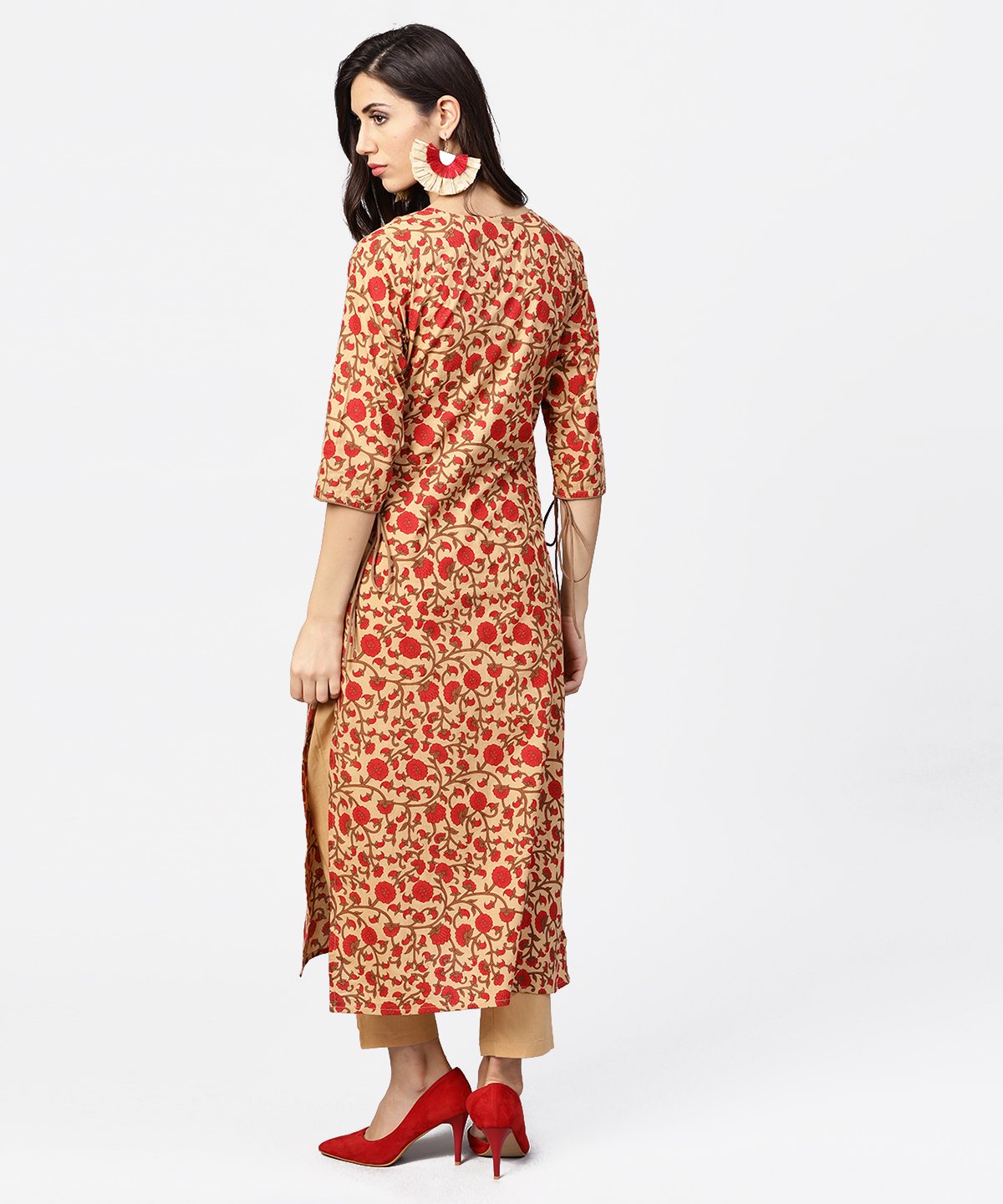 Yellow & Red Printed 3/4Th Sleeve Straight Cotton Kurta | LASVINI - Redefining Indian Fashion with Elegance