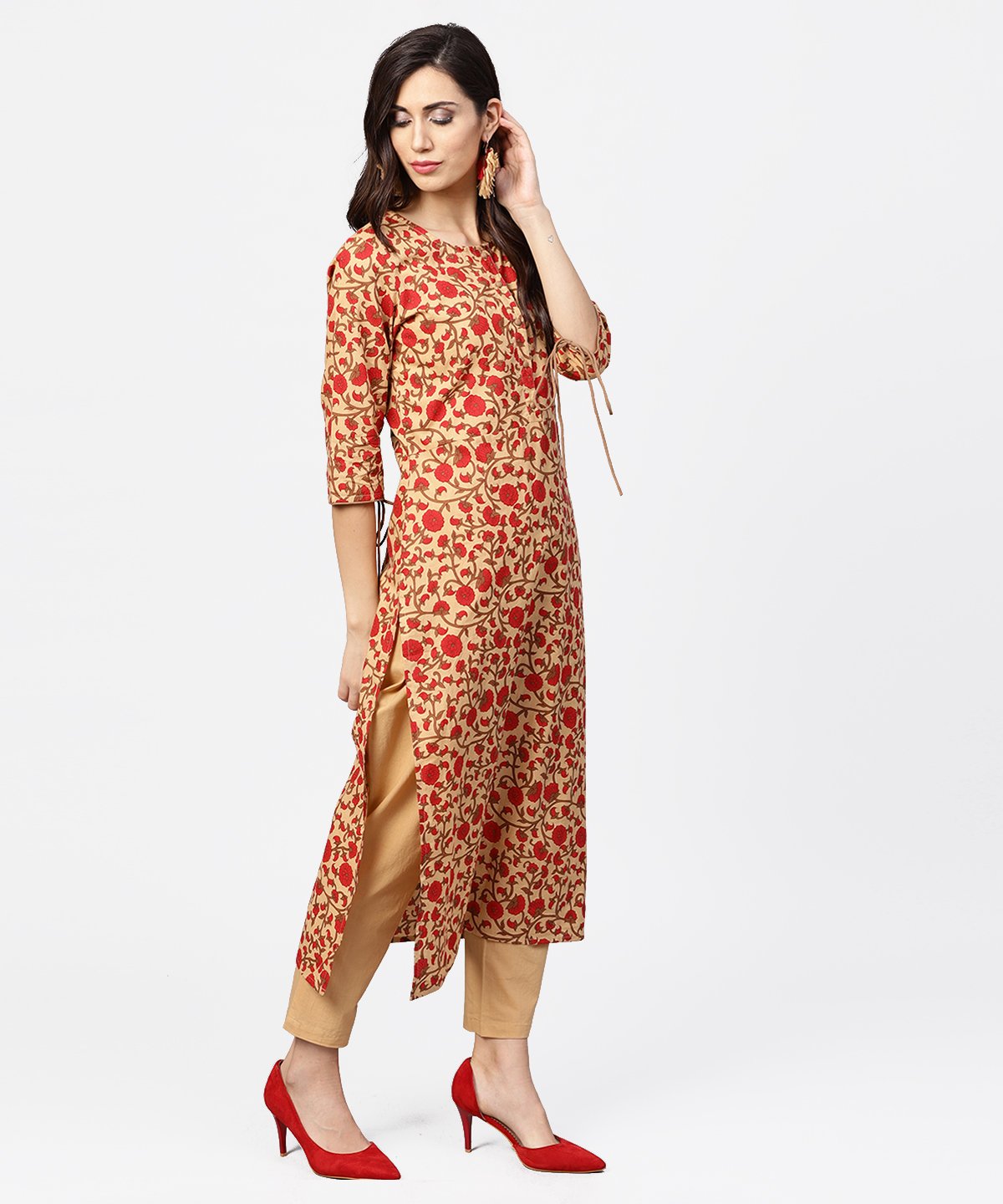 Yellow & Red Printed 3/4Th Sleeve Straight Cotton Kurta | LASVINI - Redefining Indian Fashion with Elegance