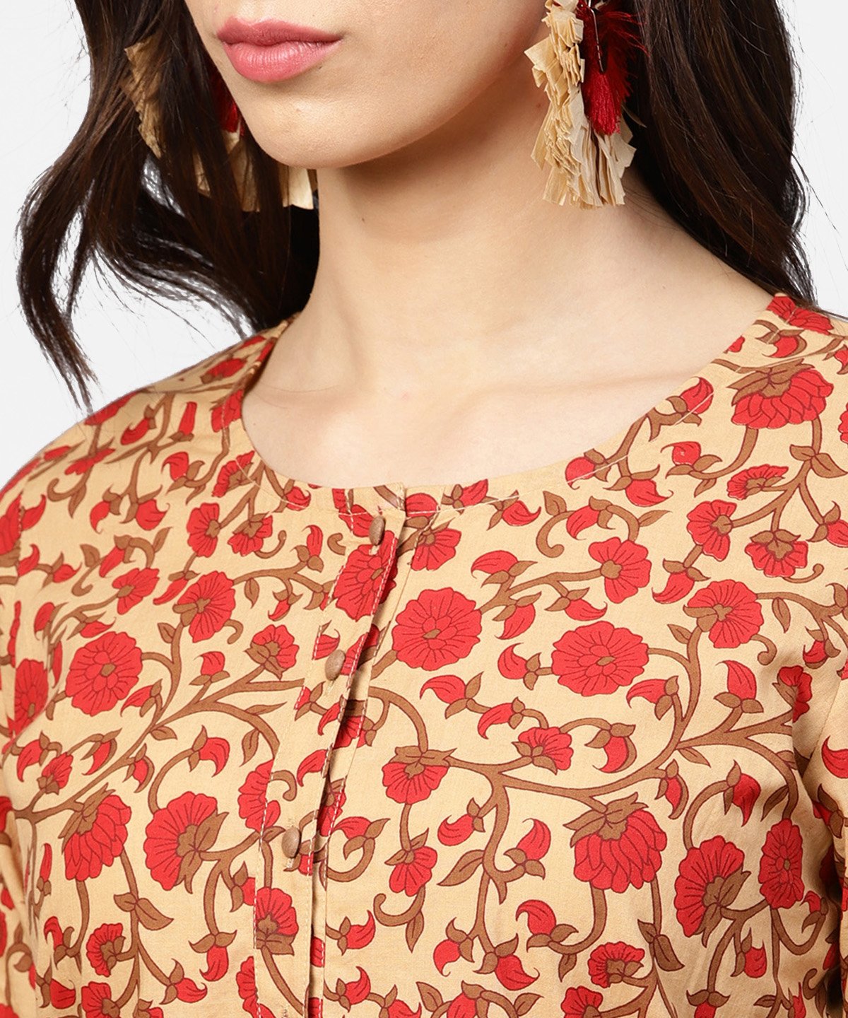 Yellow & Red Printed 3/4Th Sleeve Straight Cotton Kurta | LASVINI - Redefining Indian Fashion with Elegance