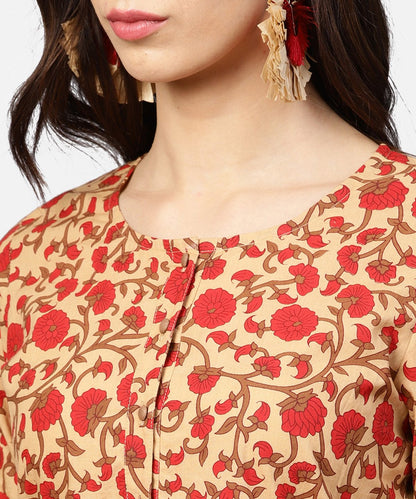 Yellow & Red Printed 3/4Th Sleeve Straight Cotton Kurta | LASVINI - Redefining Indian Fashion with Elegance