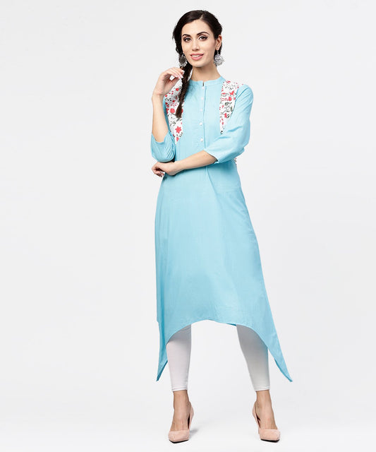 Blue 3/4Th Sleeve Cotton Floor Length Kurta | LASVINI - Redefining Indian Fashion with Elegance