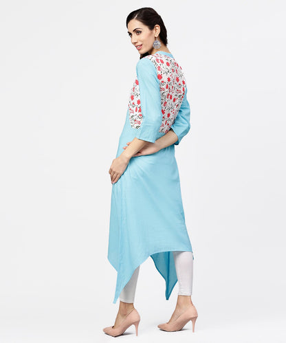 Blue 3/4Th Sleeve Cotton Floor Length Kurta | LASVINI - Redefining Indian Fashion with Elegance