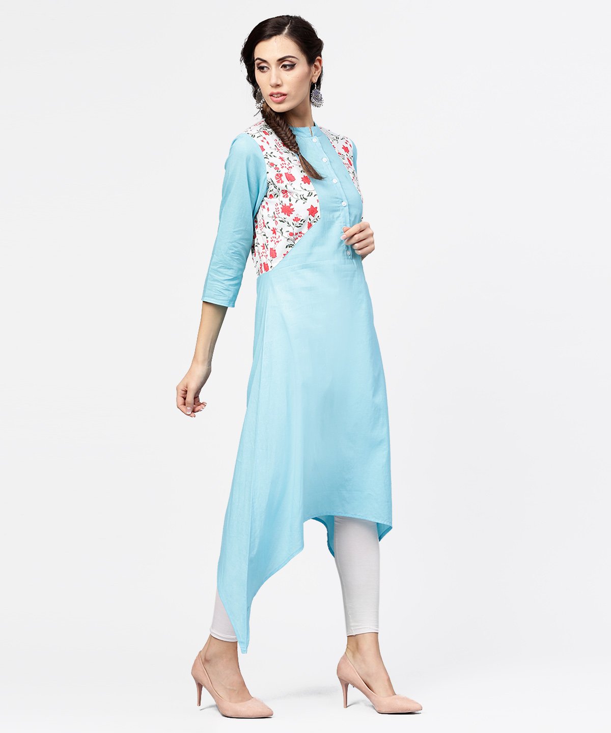 Blue 3/4Th Sleeve Cotton Floor Length Kurta | LASVINI - Redefining Indian Fashion with Elegance