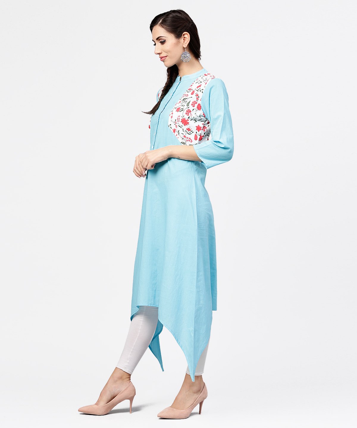 Blue 3/4Th Sleeve Cotton Floor Length Kurta | LASVINI - Redefining Indian Fashion with Elegance