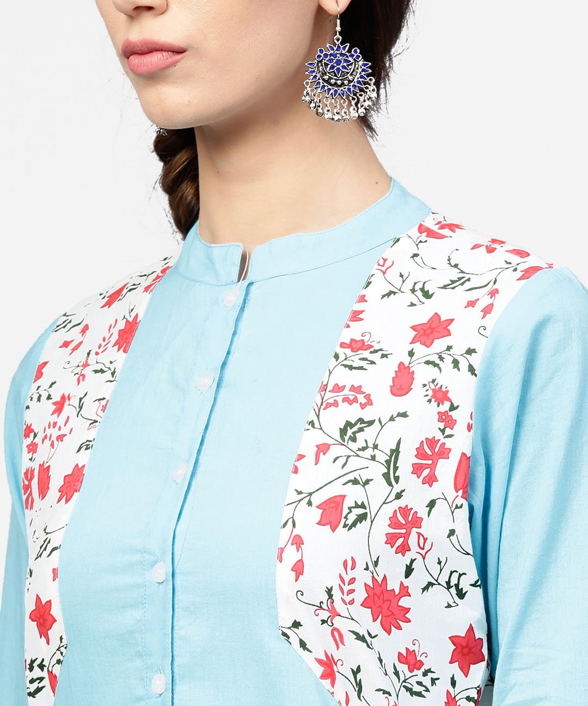 Blue 3/4Th Sleeve Cotton Floor Length Kurta | LASVINI - Redefining Indian Fashion with Elegance