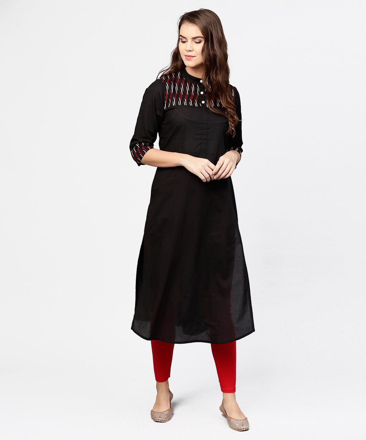 Black 3/4Th Sleeve Yoke Printed Straight Kurta | LASVINI - Redefining Indian Fashion with Elegance