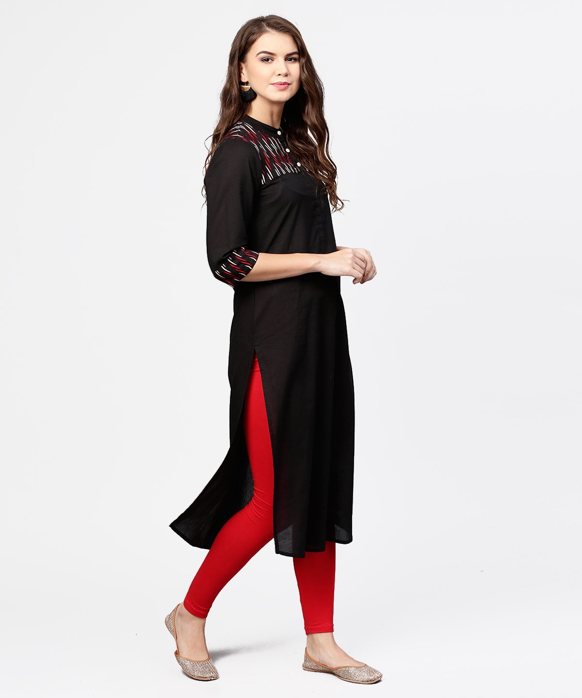 Black 3/4Th Sleeve Yoke Printed Straight Kurta | LASVINI - Redefining Indian Fashion with Elegance