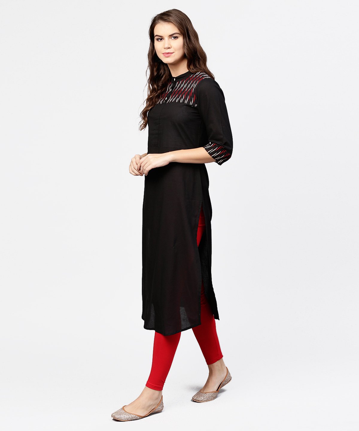 Black 3/4Th Sleeve Yoke Printed Straight Kurta | LASVINI - Redefining Indian Fashion with Elegance