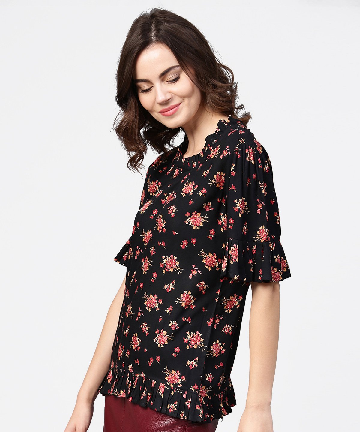 Black Printed Half Sleeve Cotton Tops | LASVINI - Redefining Indian Fashion with Elegance