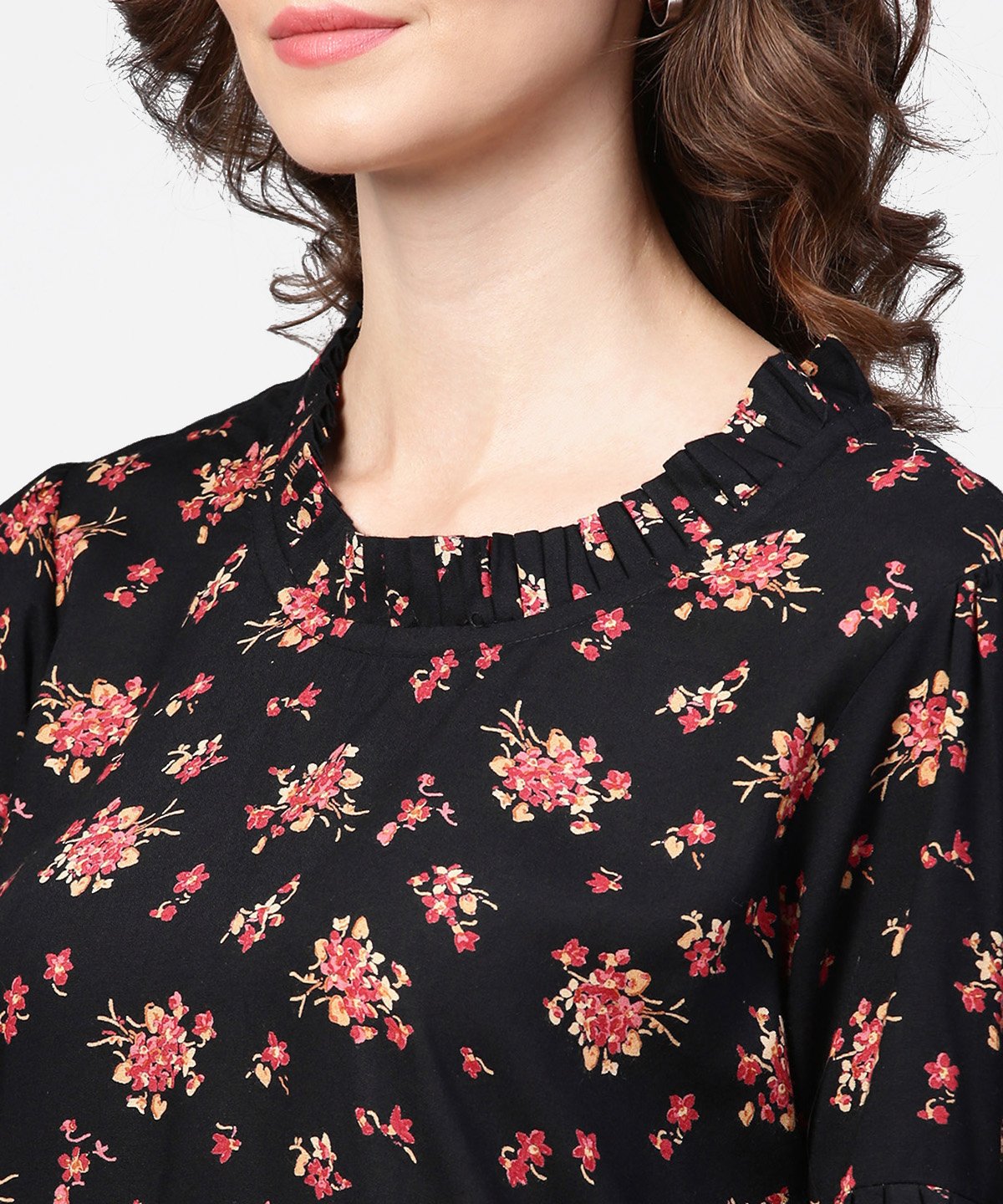 Black Printed Half Sleeve Cotton Tops | LASVINI - Redefining Indian Fashion with Elegance