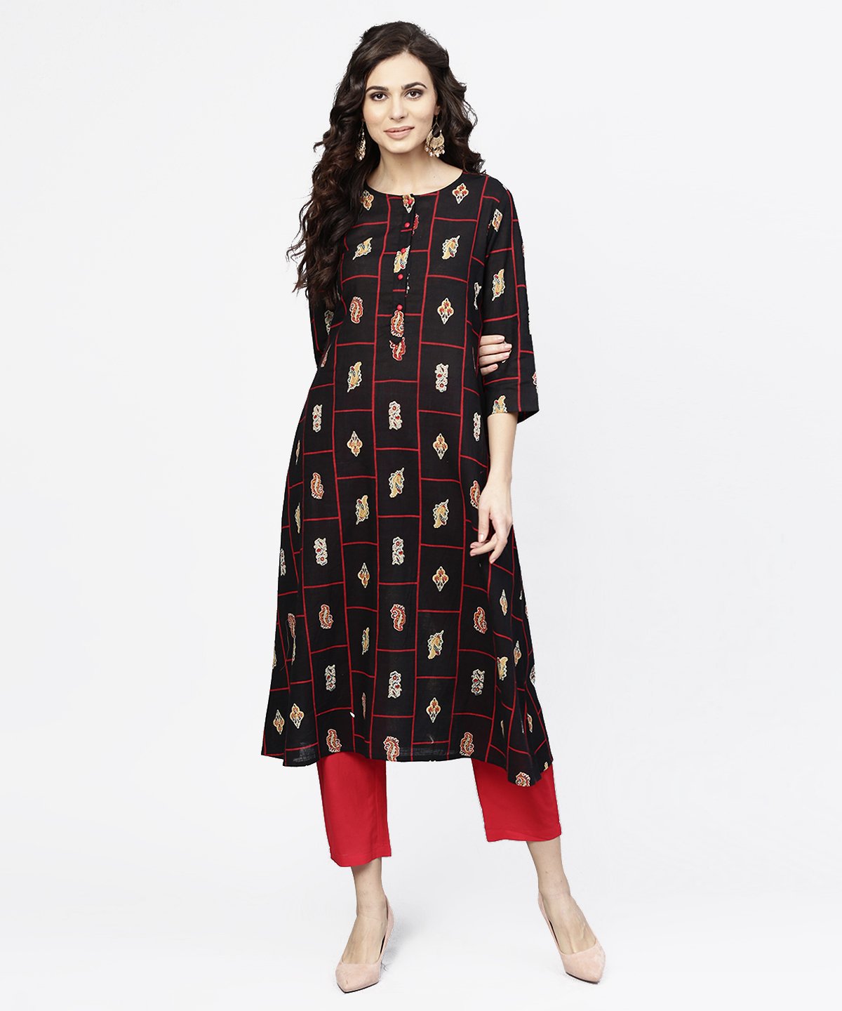 Black Printed 3/4Th Sleeve Cotton Kurta | LASVINI - Redefining Indian Fashion with Elegance