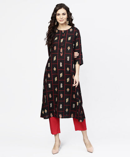 Black Printed 3/4Th Sleeve Cotton Kurta | LASVINI - Redefining Indian Fashion with Elegance