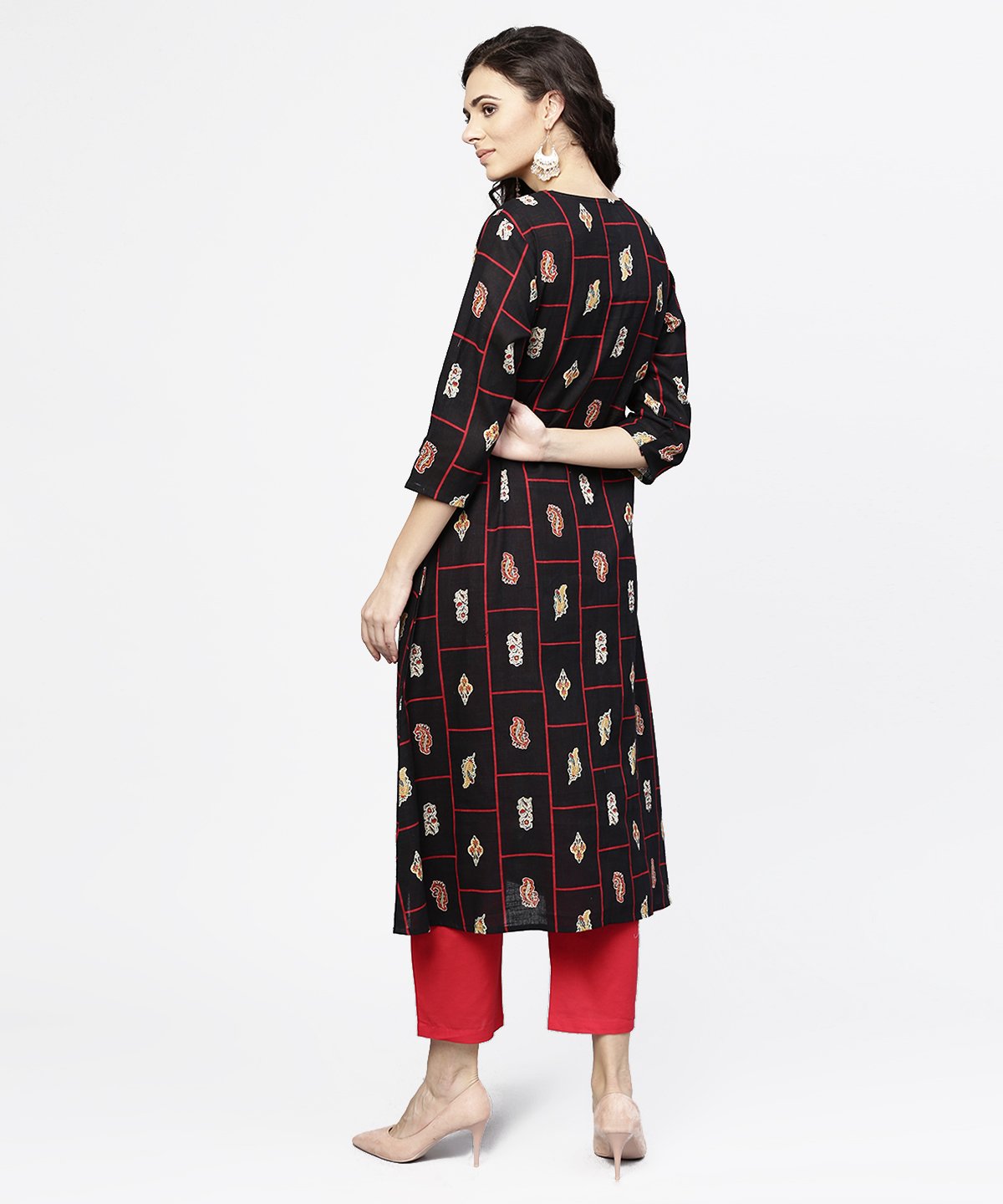 Black Printed 3/4Th Sleeve Cotton Kurta | LASVINI - Redefining Indian Fashion with Elegance