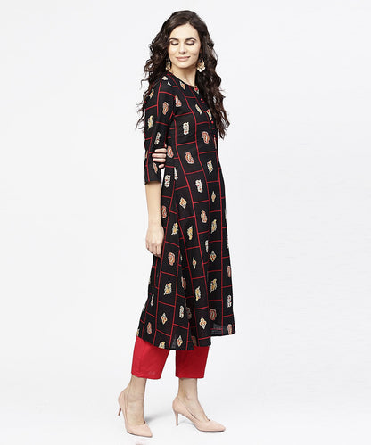Black Printed 3/4Th Sleeve Cotton Kurta | LASVINI - Redefining Indian Fashion with Elegance