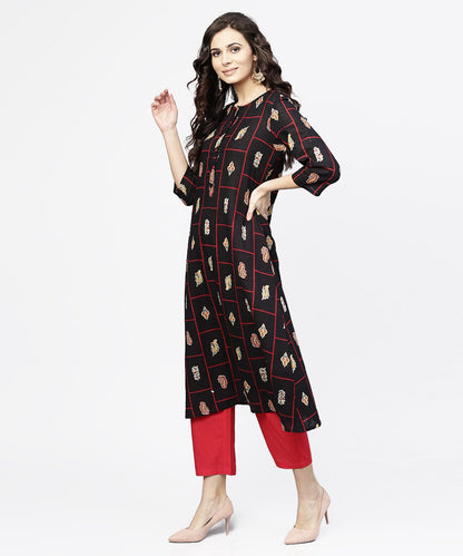 Black Printed 3/4Th Sleeve Cotton Kurta | LASVINI - Redefining Indian Fashion with Elegance