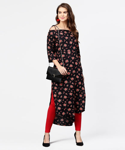 Black Printed 3/4Th Sleeve Cotton Kurta | LASVINI - Redefining Indian Fashion with Elegance