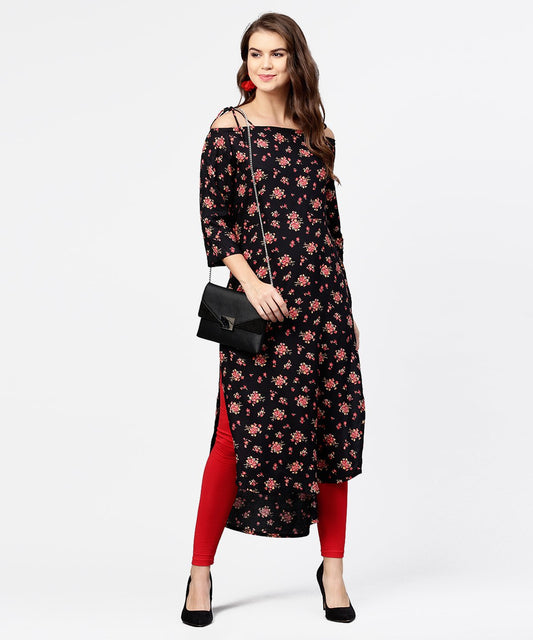 Black Printed 3/4Th Sleeve Cotton Kurta | LASVINI - Redefining Indian Fashion with Elegance