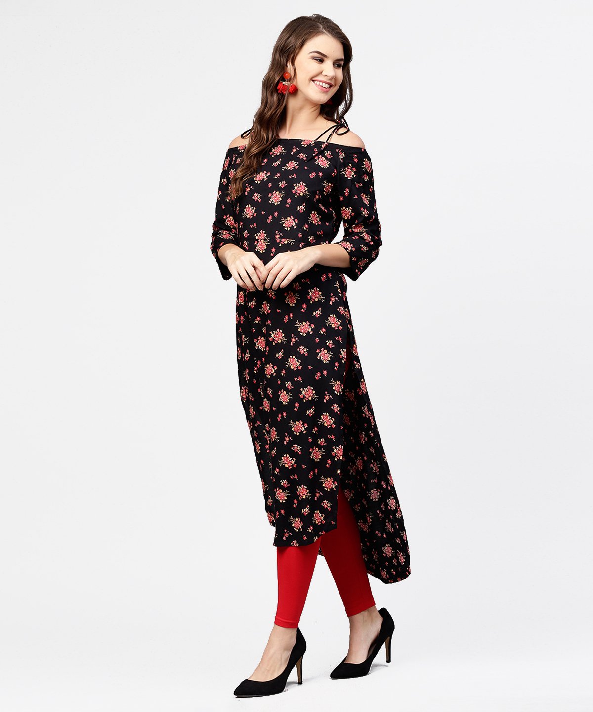 Black Printed 3/4Th Sleeve Cotton Kurta | LASVINI - Redefining Indian Fashion with Elegance