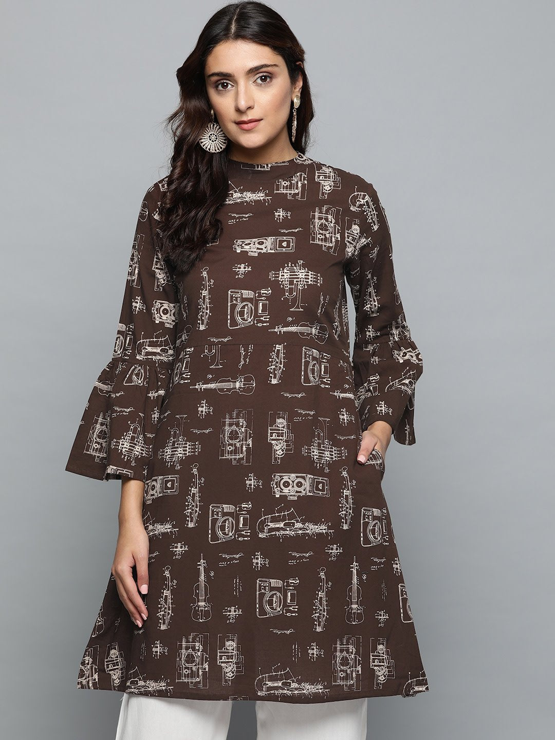 Brown Printed A-Line Dress With Roll Collar & Flared Sleeves | LASVINI - Redefining Indian Fashion with Elegance