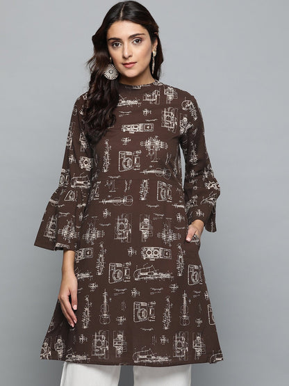 Brown Printed A-Line Dress With Roll Collar & Flared Sleeves | LASVINI - Redefining Indian Fashion with Elegance