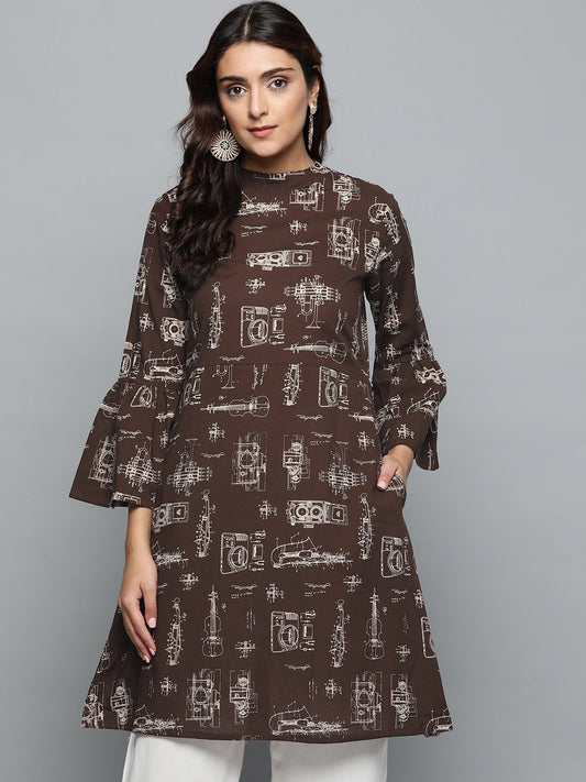 Brown Printed A-Line Dress With Roll Collar & Flared Sleeves | LASVINI - Redefining Indian Fashion with Elegance