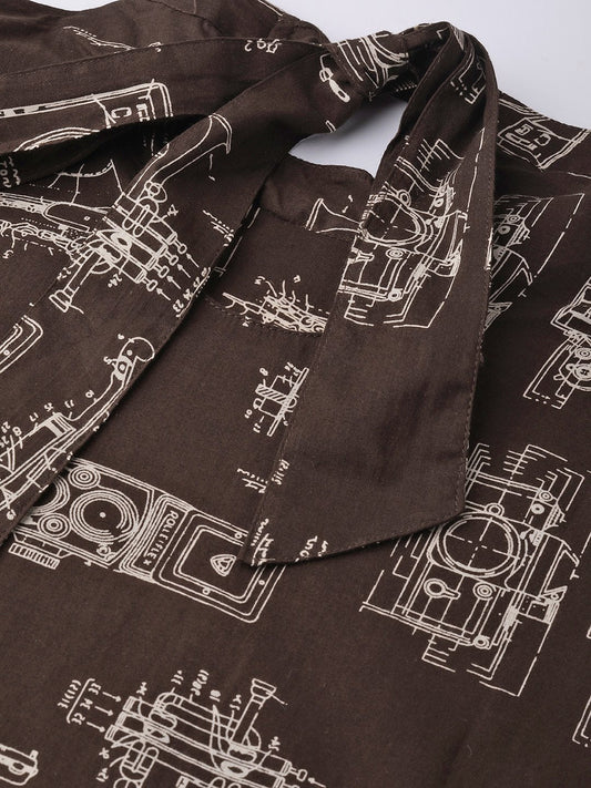 Brown Printed A-Line Dress With Roll Collar & Flared Sleeves | LASVINI - Redefining Indian Fashion with Elegance