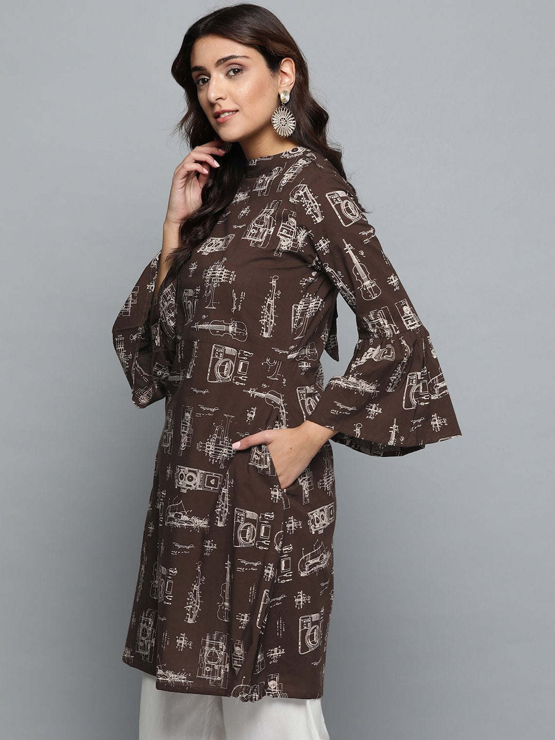 Brown Printed A-Line Dress With Roll Collar & Flared Sleeves | LASVINI - Redefining Indian Fashion with Elegance