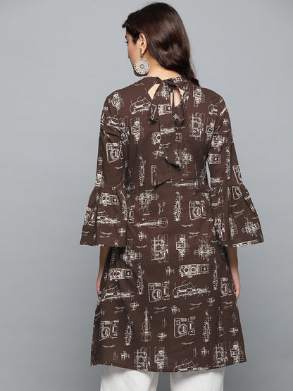 Brown Printed A-Line Dress With Roll Collar & Flared Sleeves | LASVINI - Redefining Indian Fashion with Elegance