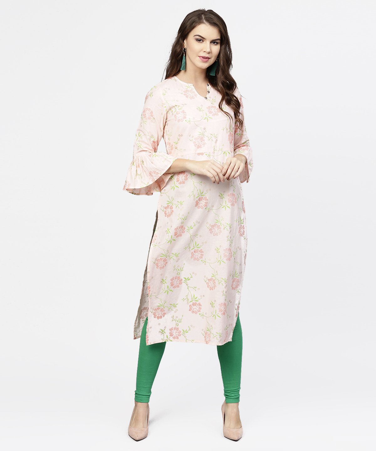 Peach 3/4Th Flared Sleeve Cotton Kurta | LASVINI - Redefining Indian Fashion with Elegance
