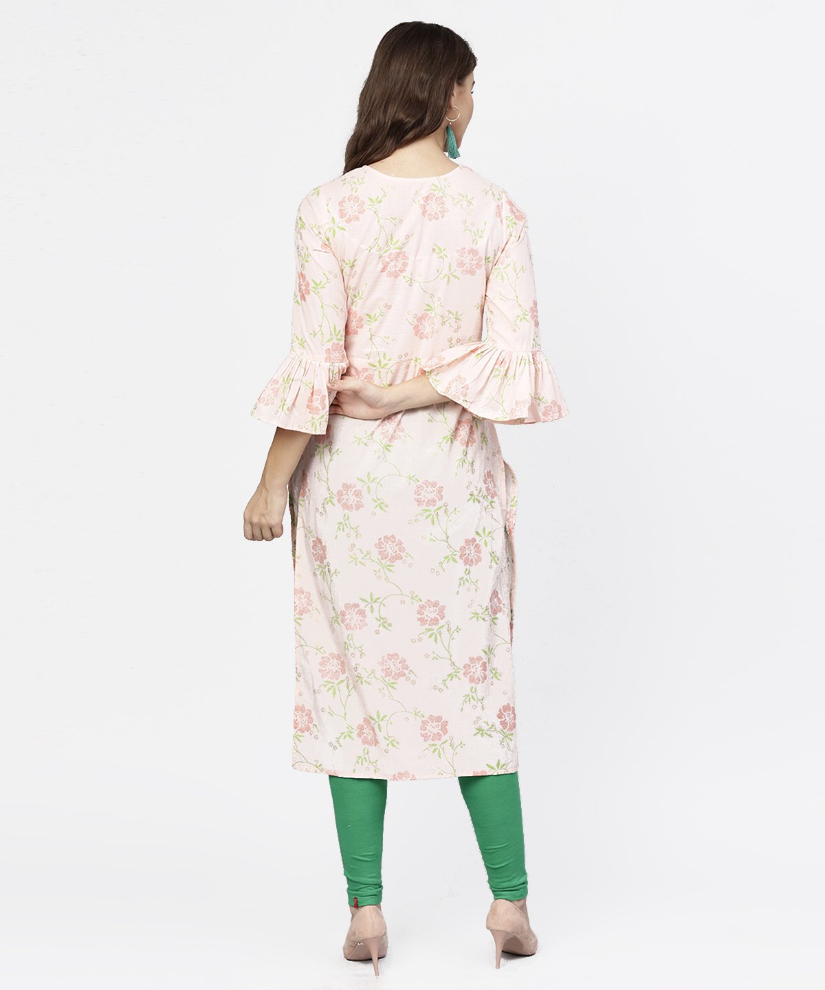 Peach 3/4Th Flared Sleeve Cotton Kurta | LASVINI - Redefining Indian Fashion with Elegance