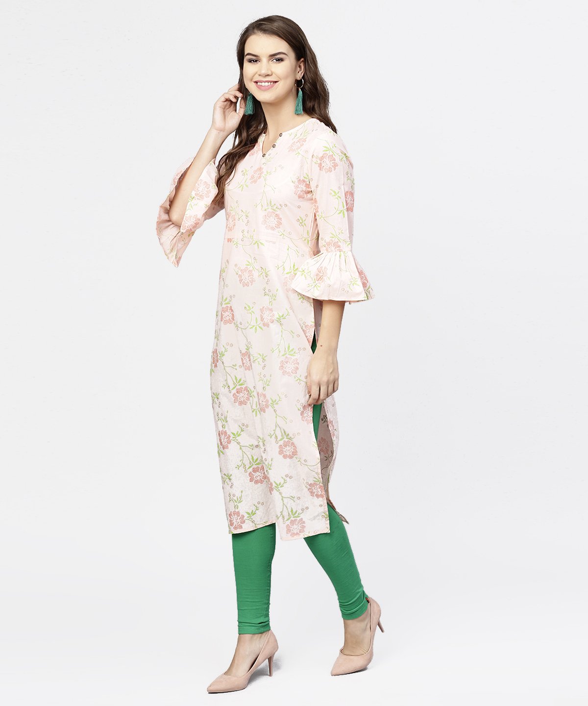 Peach 3/4Th Flared Sleeve Cotton Kurta | LASVINI - Redefining Indian Fashion with Elegance