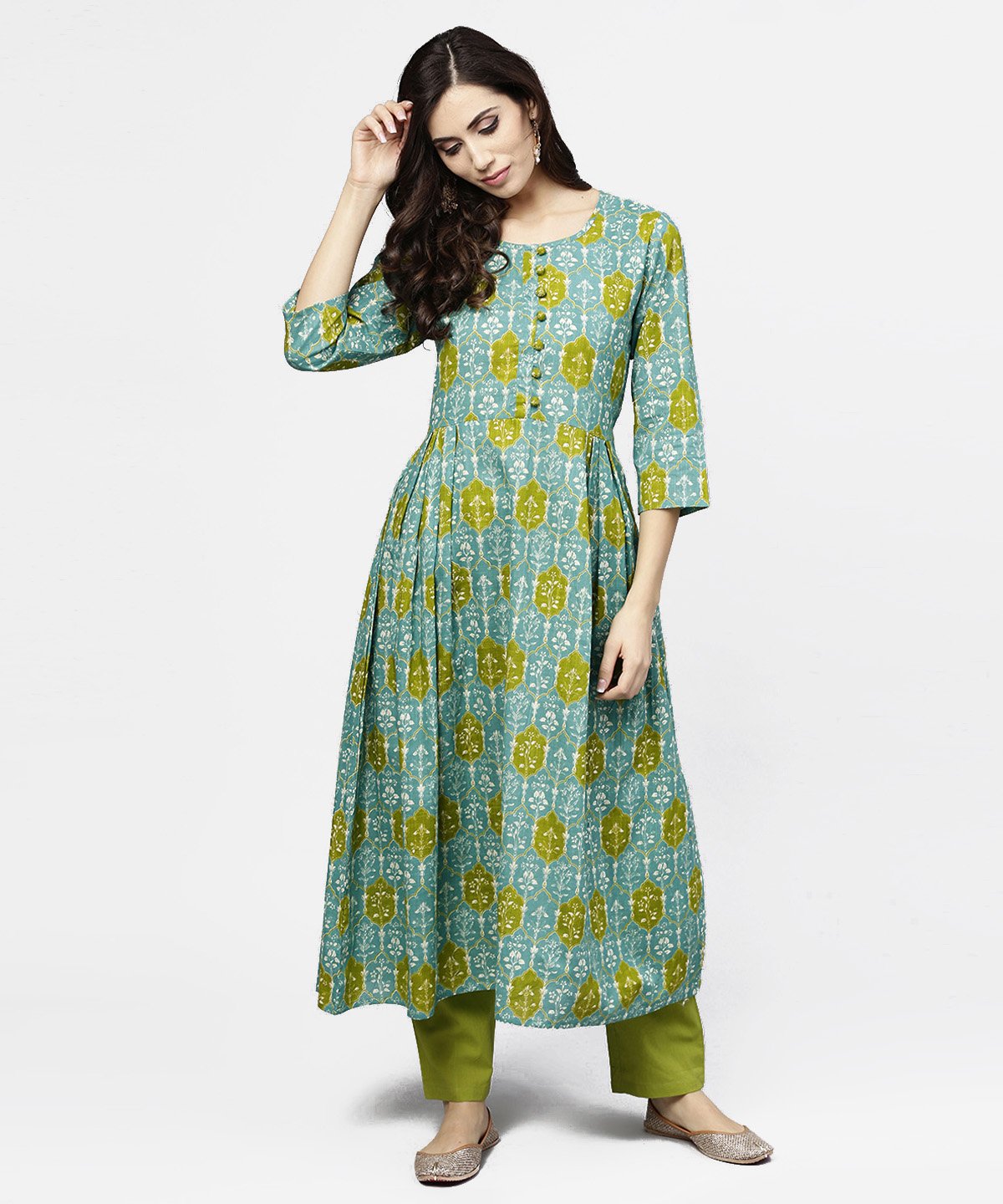 Blue 3/4Th Sleeve Cotton A-Line Kurta | LASVINI - Redefining Indian Fashion with Elegance