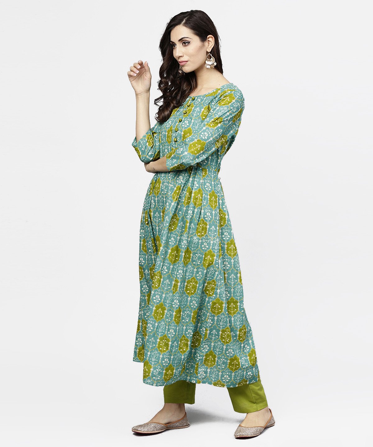 Blue 3/4Th Sleeve Cotton A-Line Kurta | LASVINI - Redefining Indian Fashion with Elegance
