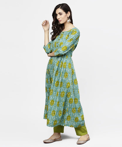 Blue 3/4Th Sleeve Cotton A-Line Kurta | LASVINI - Redefining Indian Fashion with Elegance