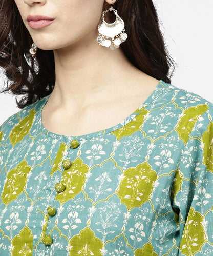 Blue 3/4Th Sleeve Cotton A-Line Kurta | LASVINI - Redefining Indian Fashion with Elegance