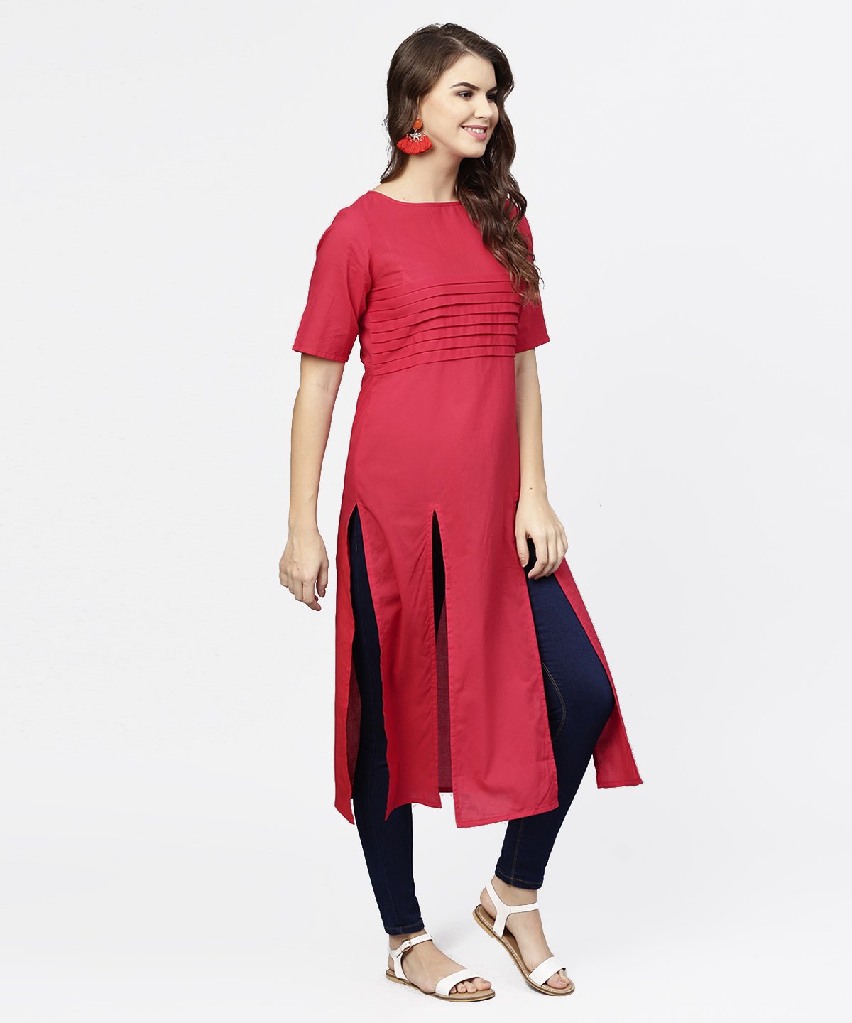 Maroon Half Sleeve Cotton Multi Slit Kurta | LASVINI - Redefining Indian Fashion with Elegance