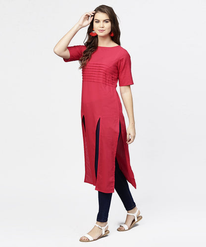 Maroon Half Sleeve Cotton Multi Slit Kurta | LASVINI - Redefining Indian Fashion with Elegance