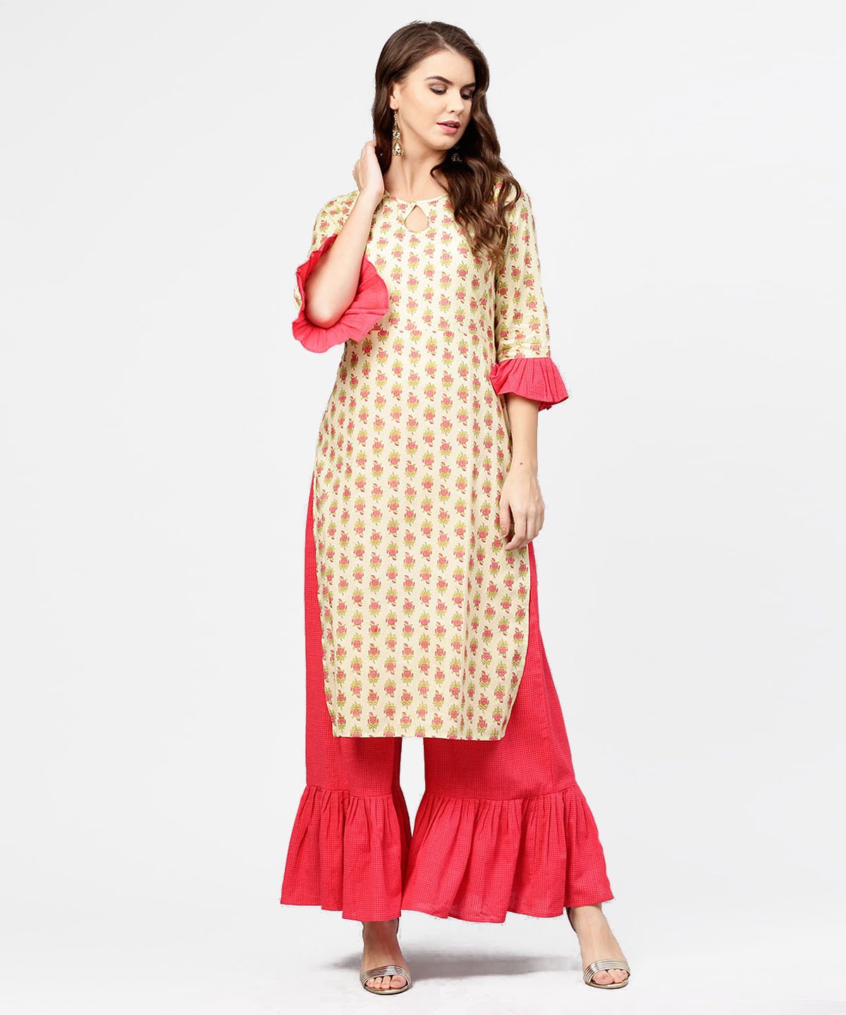 Yellow & Red Printed 3/4Th Sleeve Cotton Kurta With Sharara | LASVINI - Redefining Indian Fashion with Elegance