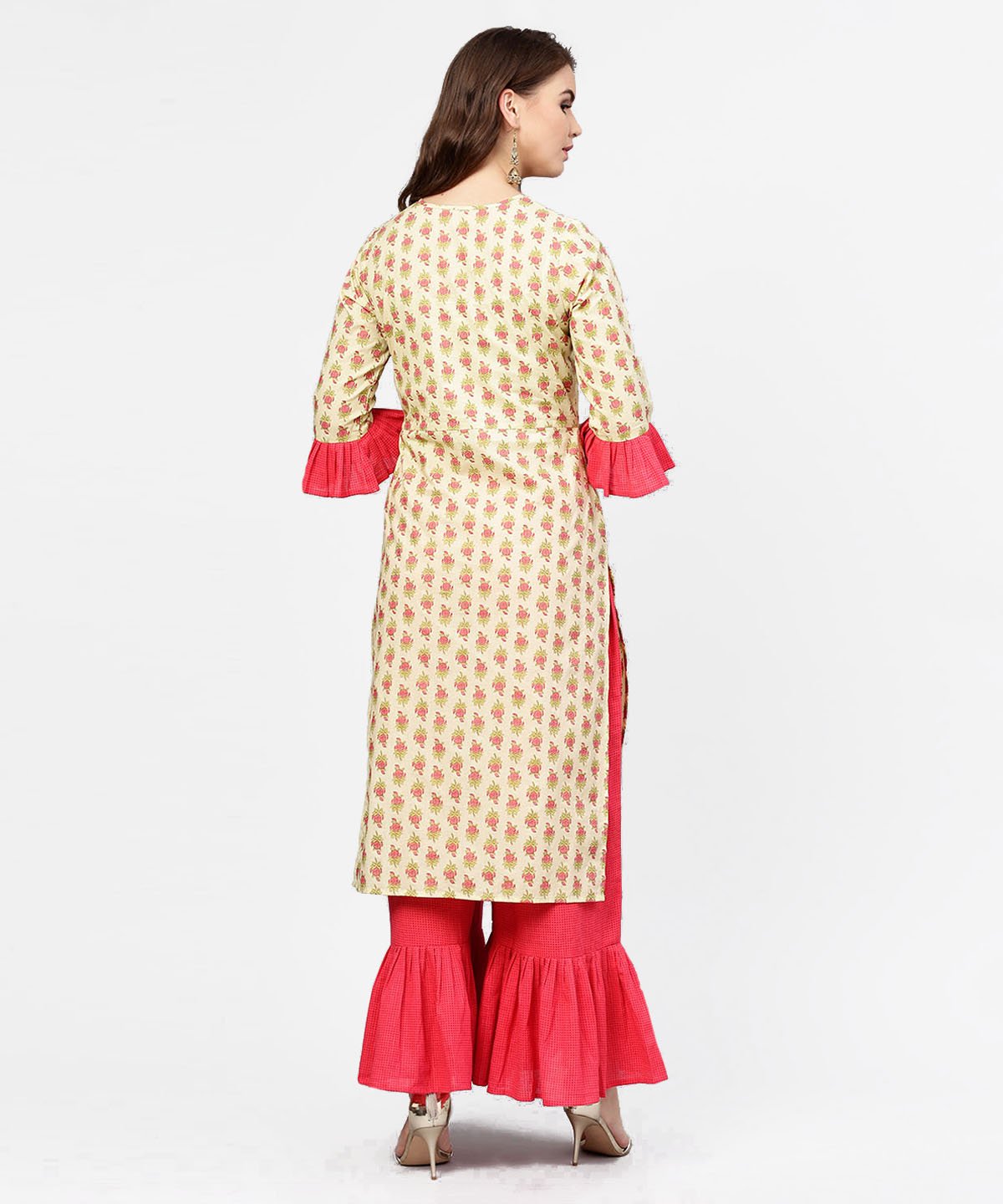 Yellow & Red Printed 3/4Th Sleeve Cotton Kurta With Sharara | LASVINI - Redefining Indian Fashion with Elegance