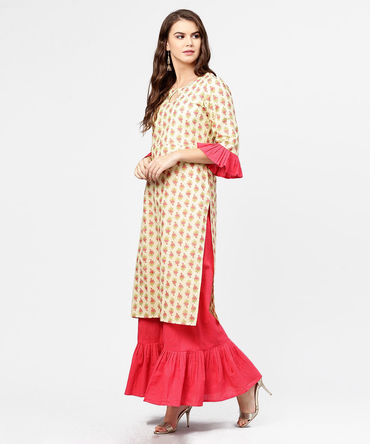 Yellow & Red Printed 3/4Th Sleeve Cotton Kurta With Sharara | LASVINI - Redefining Indian Fashion with Elegance