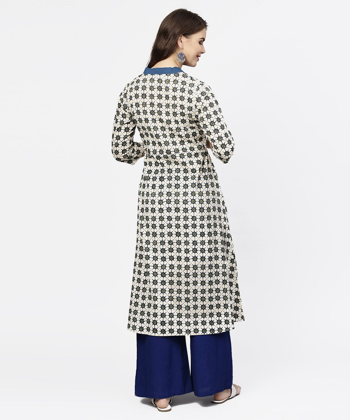 Off White 3/4Th Sleeve Angrakha Style Cotton A-Line Kurta | LASVINI - Redefining Indian Fashion with Elegance