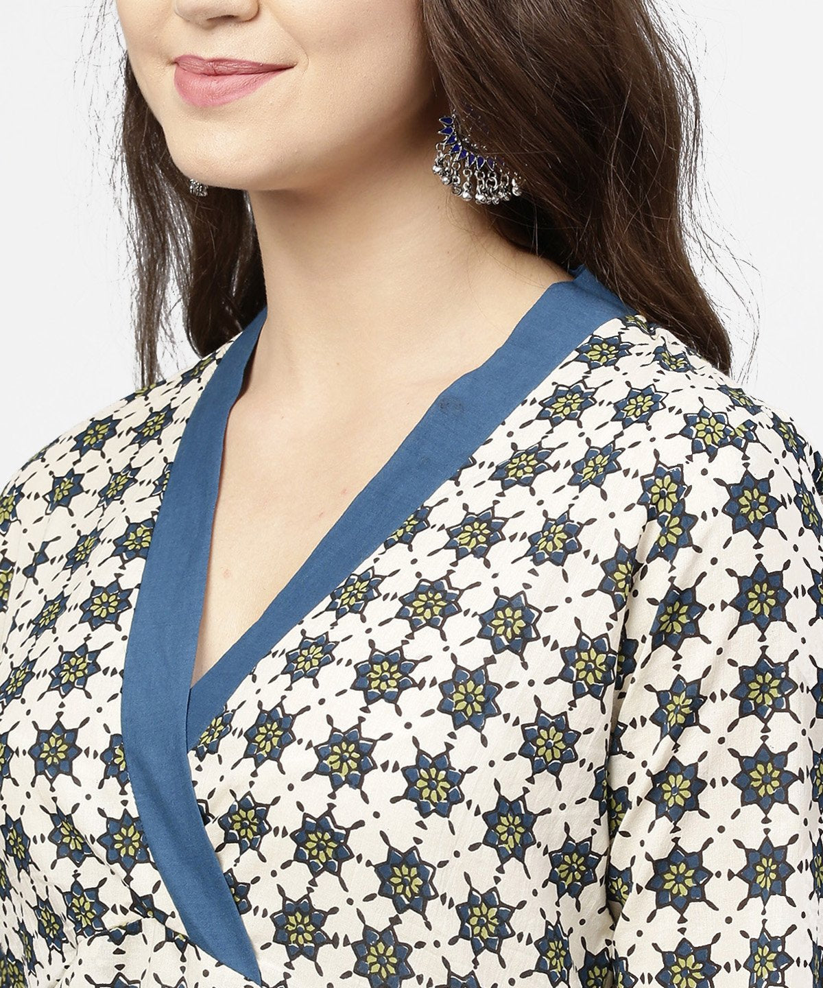 Off White 3/4Th Sleeve Angrakha Style Cotton A-Line Kurta | LASVINI - Redefining Indian Fashion with Elegance