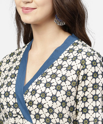 Off White 3/4Th Sleeve Angrakha Style Cotton A-Line Kurta | LASVINI - Redefining Indian Fashion with Elegance