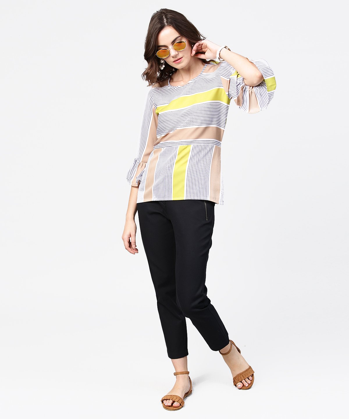 Blue Stripes 3/4Th Sleeve Crop Tops | LASVINI - Redefining Indian Fashion with Elegance