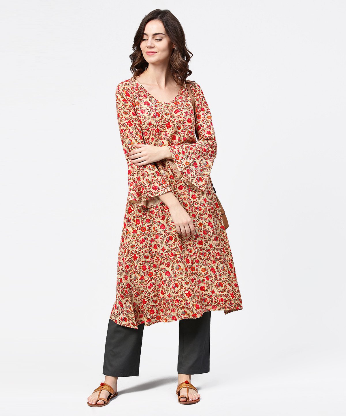 Red Printed 3/4Th Sleeve Cotton A-Line Kurta | LASVINI - Redefining Indian Fashion with Elegance