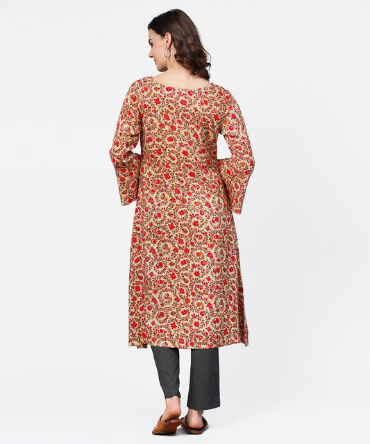 Red Printed 3/4Th Sleeve Cotton A-Line Kurta | LASVINI - Redefining Indian Fashion with Elegance