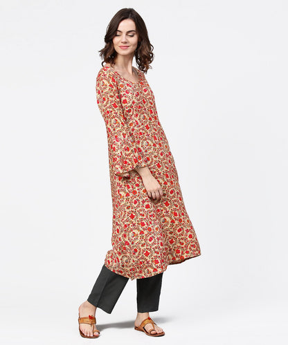 Red Printed 3/4Th Sleeve Cotton A-Line Kurta | LASVINI - Redefining Indian Fashion with Elegance