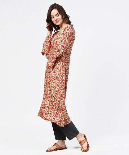 Red Printed 3/4Th Sleeve Cotton A-Line Kurta | LASVINI - Redefining Indian Fashion with Elegance