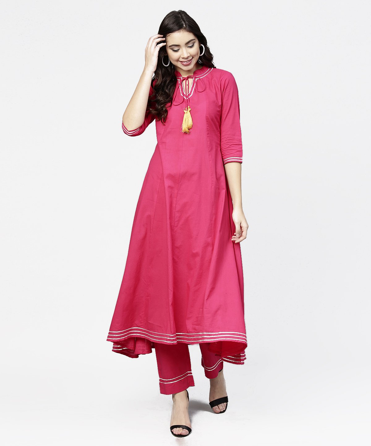 Pink 3/4Th Sleeve Cotton A-Line Kurta With Pink Palazzo | LASVINI - Redefining Indian Fashion with Elegance