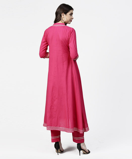 Pink 3/4Th Sleeve Cotton A-Line Kurta With Pink Palazzo | LASVINI - Redefining Indian Fashion with Elegance